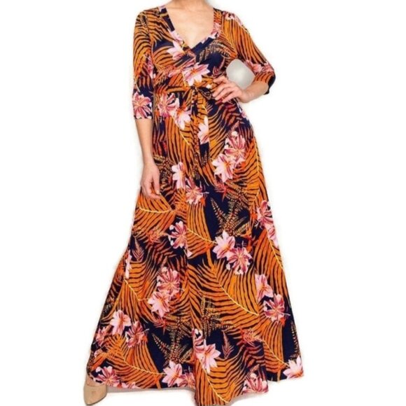Janette Fashion Orange Palm Leaves Floral Faux Wrap 3/4 Sleeve Long Maxi Dress - Picture 4 of 4